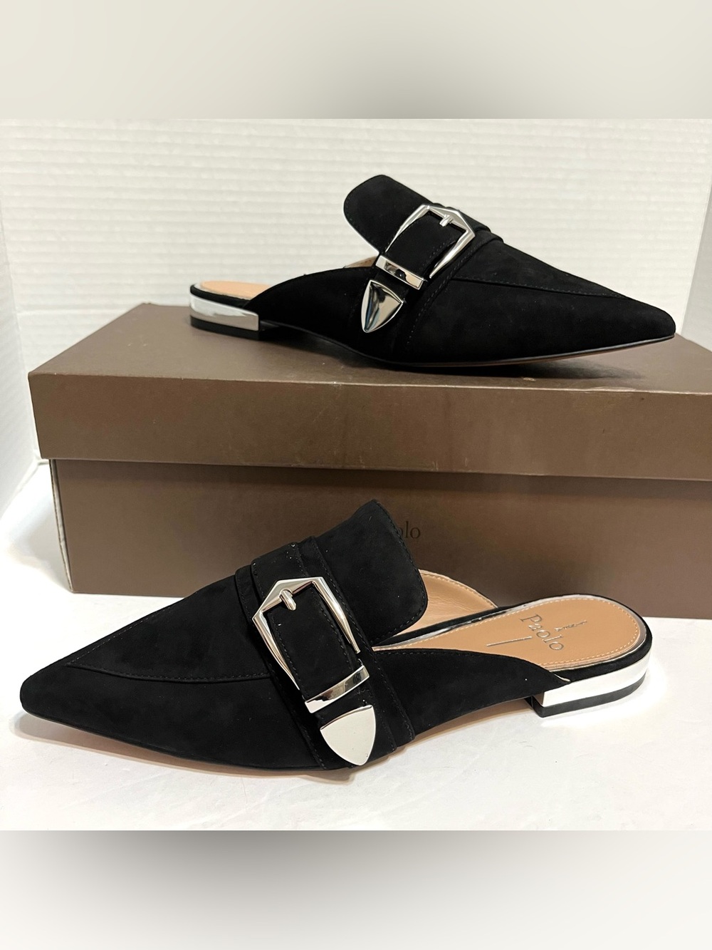 Linea Paolo Ace-L Black Suede Pointed Buckle Pointed Toe Slip-On Mule Flats 6.5